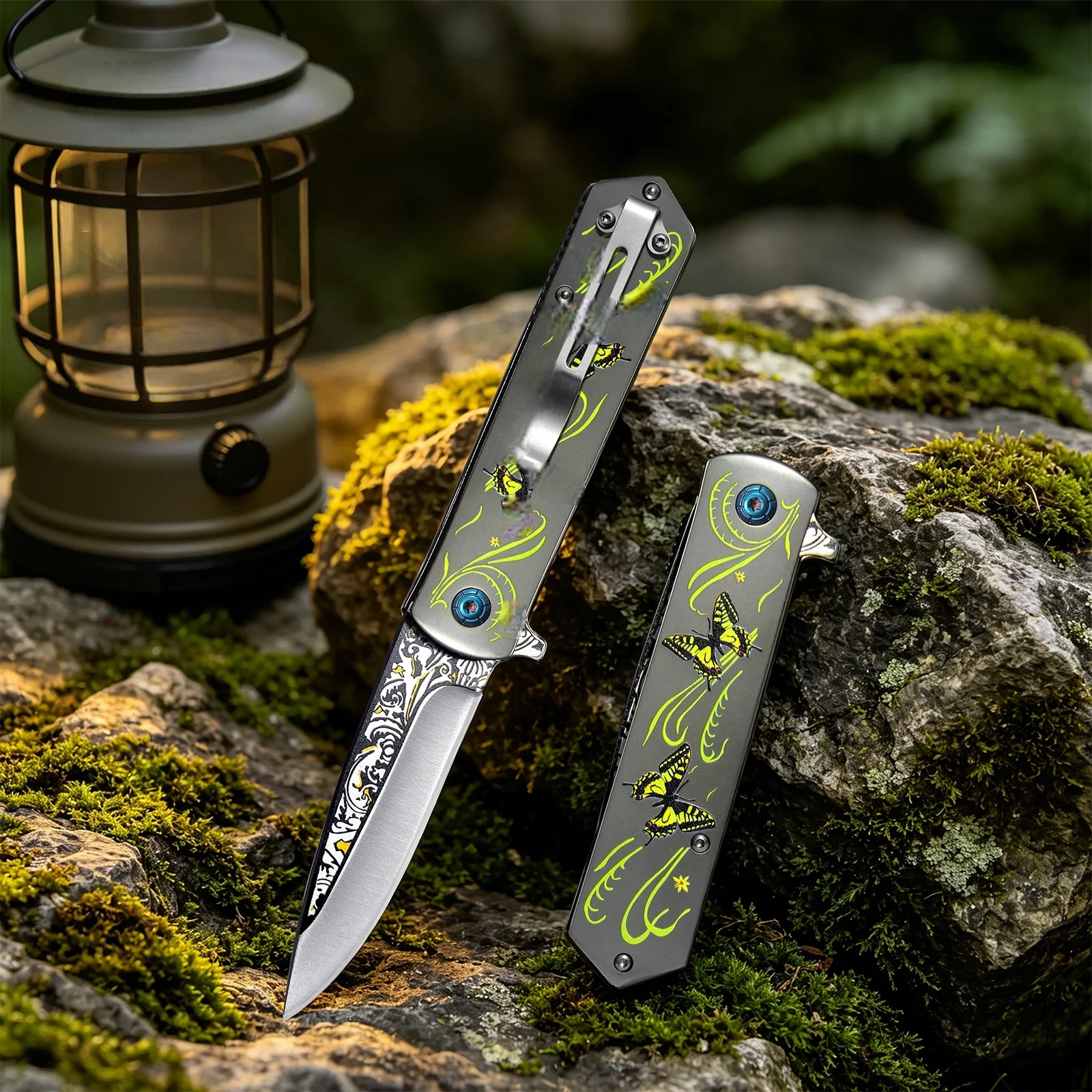 Butterfly Pattern Foldable Pocket Cutting Tool Damascus Etched Blade Portable EDC Daily Cutter Outdoor Camping Travel Multifunctional Foldable Utility Collectible Gadget Gift for Men