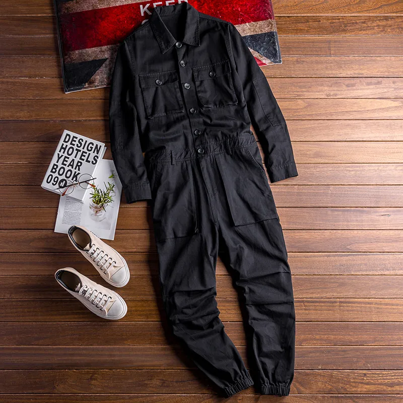 Spring Overalls Men's Jumpsuit Loose Long Sleeve Cotton Cargo Pants Black Yellow Workwear Trousers Working Uniform Rompers