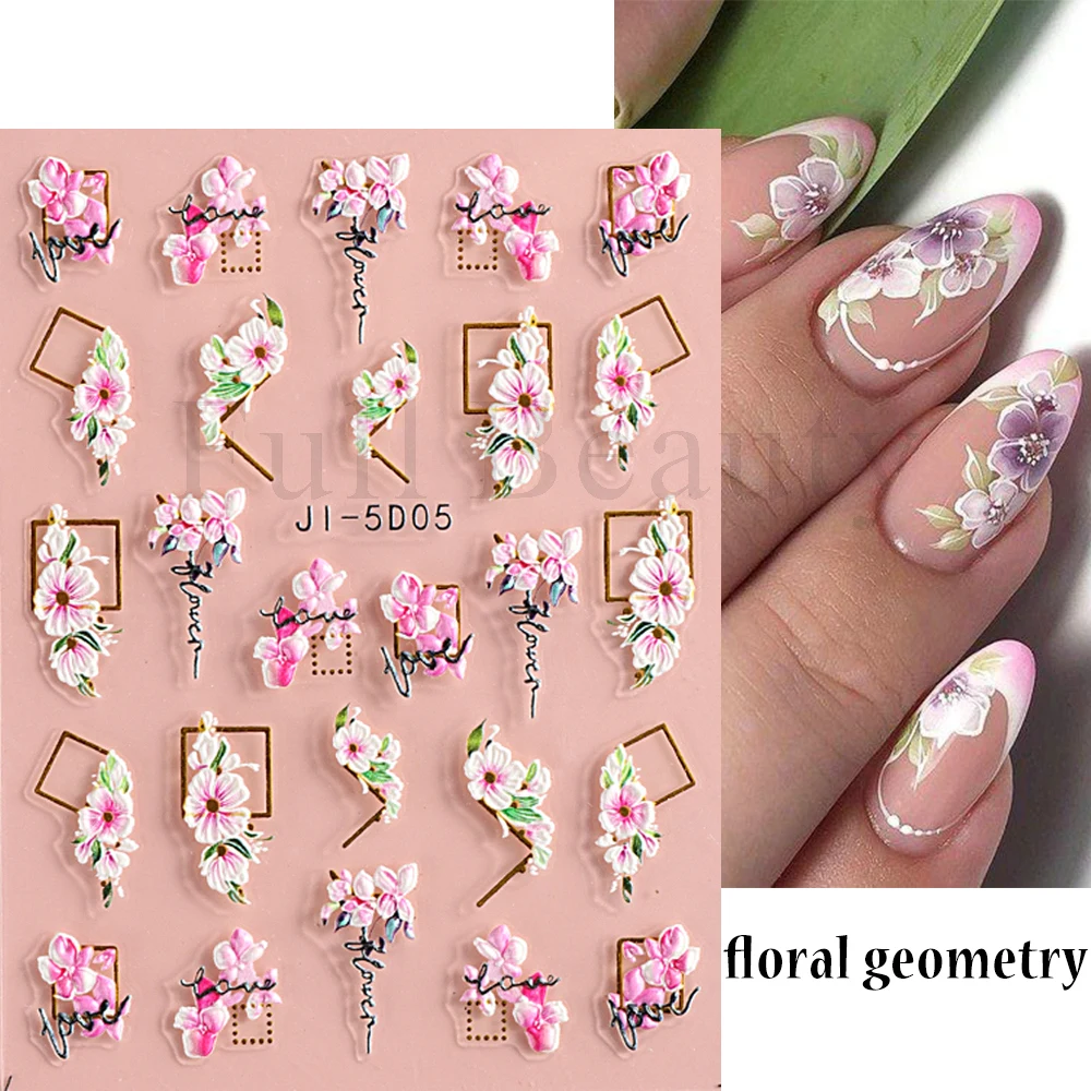 5D acrílico gravado unhas adesivos, flores, linhas geométricas decoração, moldura de ouro, flor de cerejeira manicure, GLJI-5D05