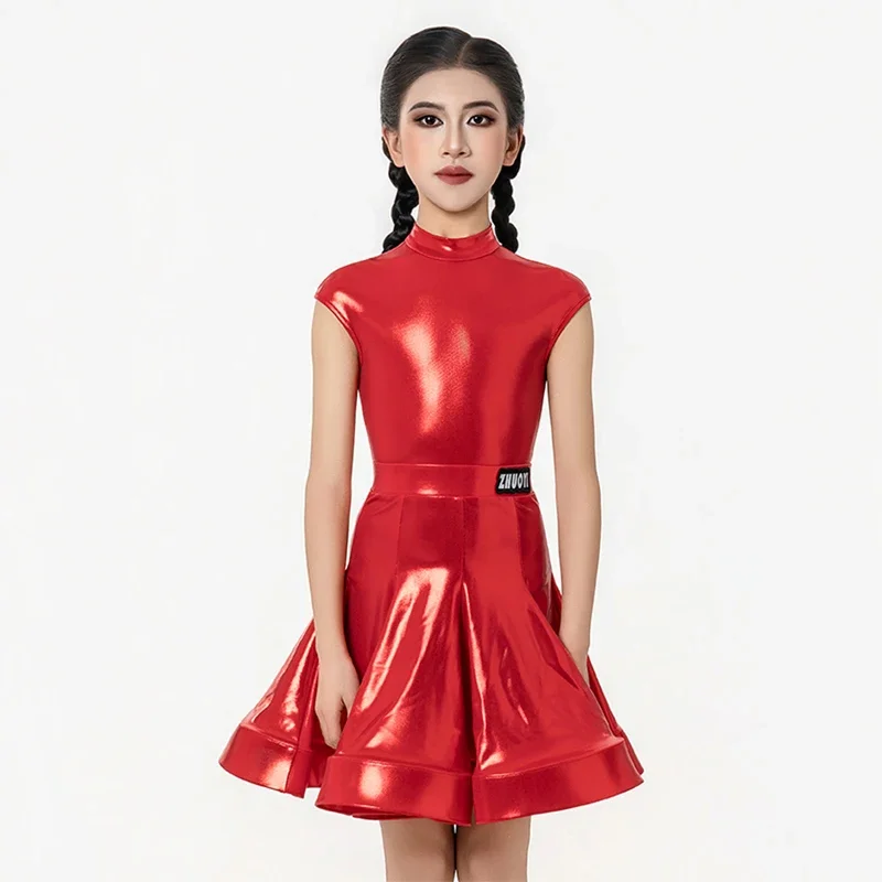 

Glossy Latin Dance Competition Dress Sleeveless Suit Girls Cha Cha Dance Performance Costume Kids Standard Dance Dress FA26