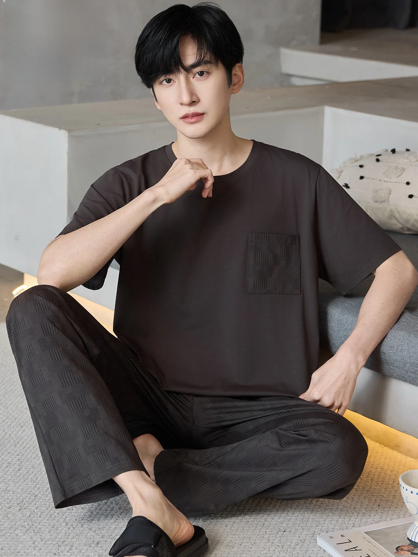 メンズ夏用カジュアル寝間着セット半袖ゆったり快適ホームウェア綿レンチング生地ソフトラウンドネック