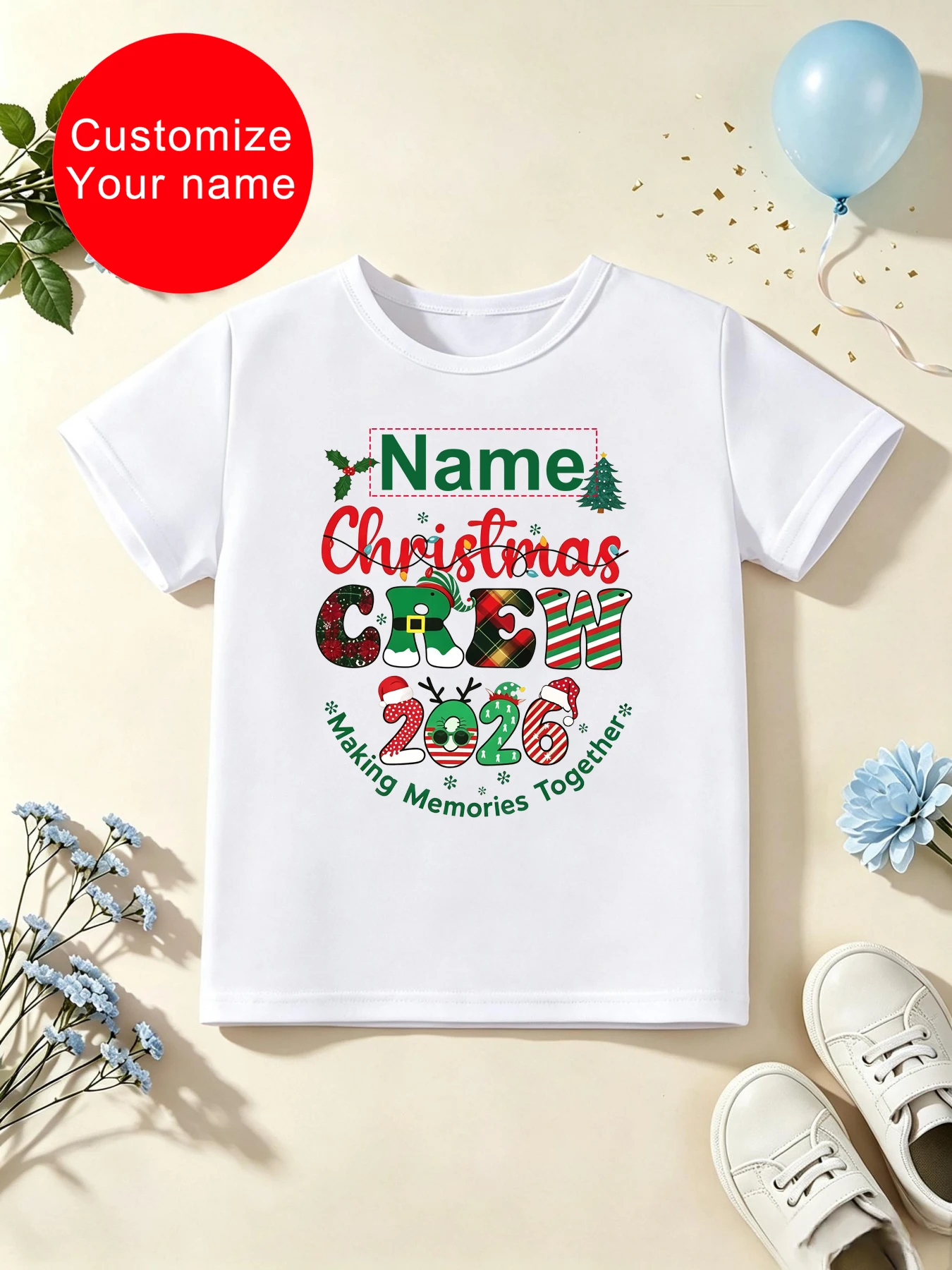Customize Your Name Christmas Crew 2026 Making Memories Together Printed T Shirt Girls/Boys Funny Kids Clothes Xmas Gift T-Shirt