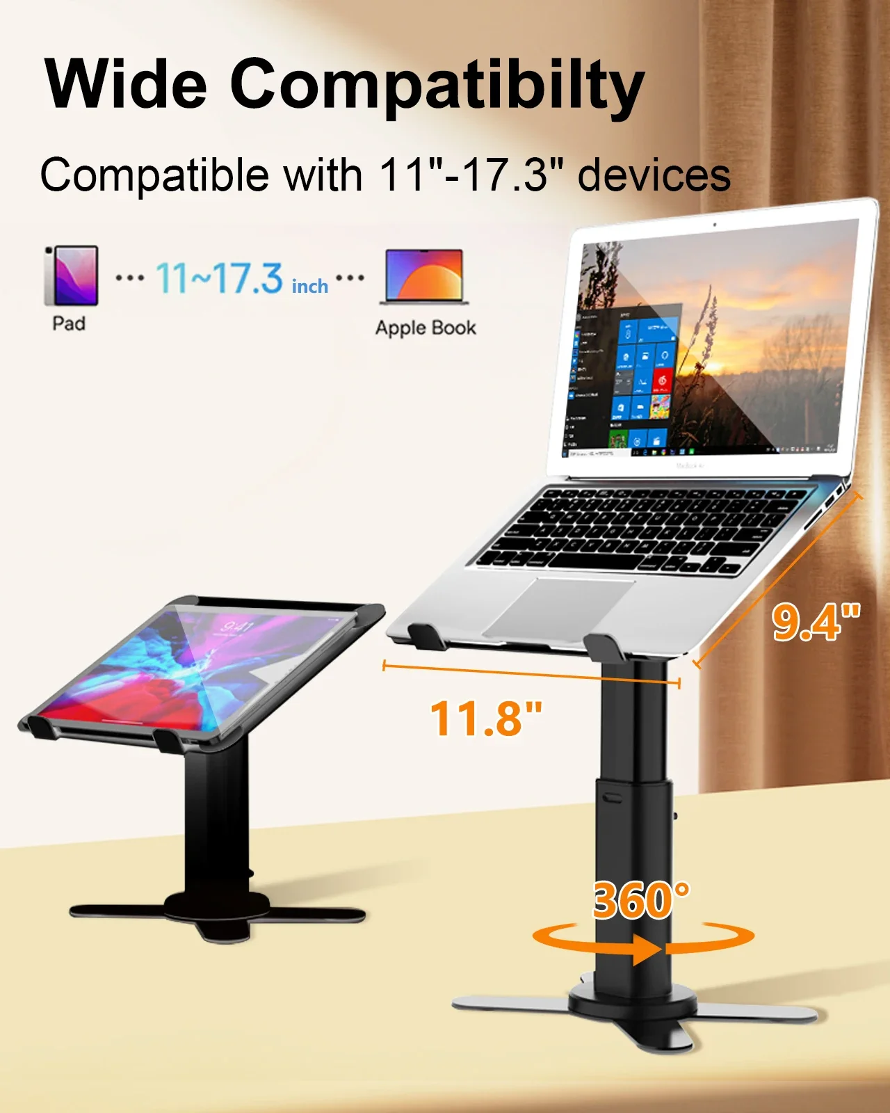 Oatsbasf Metal Desktop Laptop Holder Riser Computer Stand Height Adjustable Stable 360° Rotation Laptop Table Stand for 11-17.3