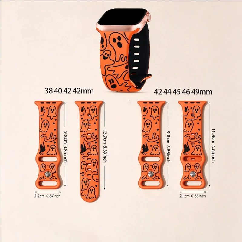 3D Laser Engraved Silicone Band for Apple Watch, Cute Ghost Pattern Strap Compatible with serise1-12,Halloween Replacement Wrist