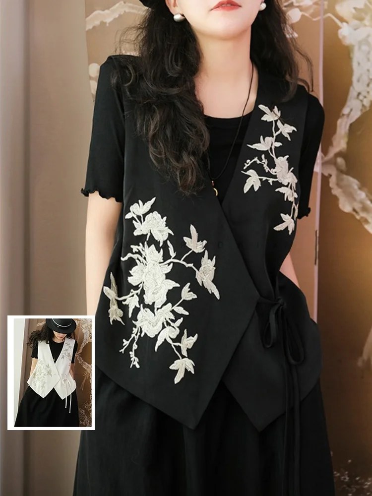 

Новая китайская вышитая жилетка большого размера для женщин, с поясом, V-образным вырезом, асимметричная, улучшенная версия танского костюма, топ