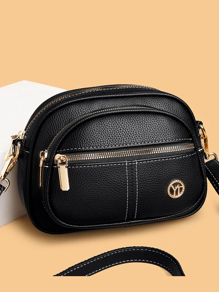 

Повседневная кожаная сумка через плечо, женская многослойная универсальная сумка через плечо, круглая модная матовая сумка из мягкой воловьей кожи