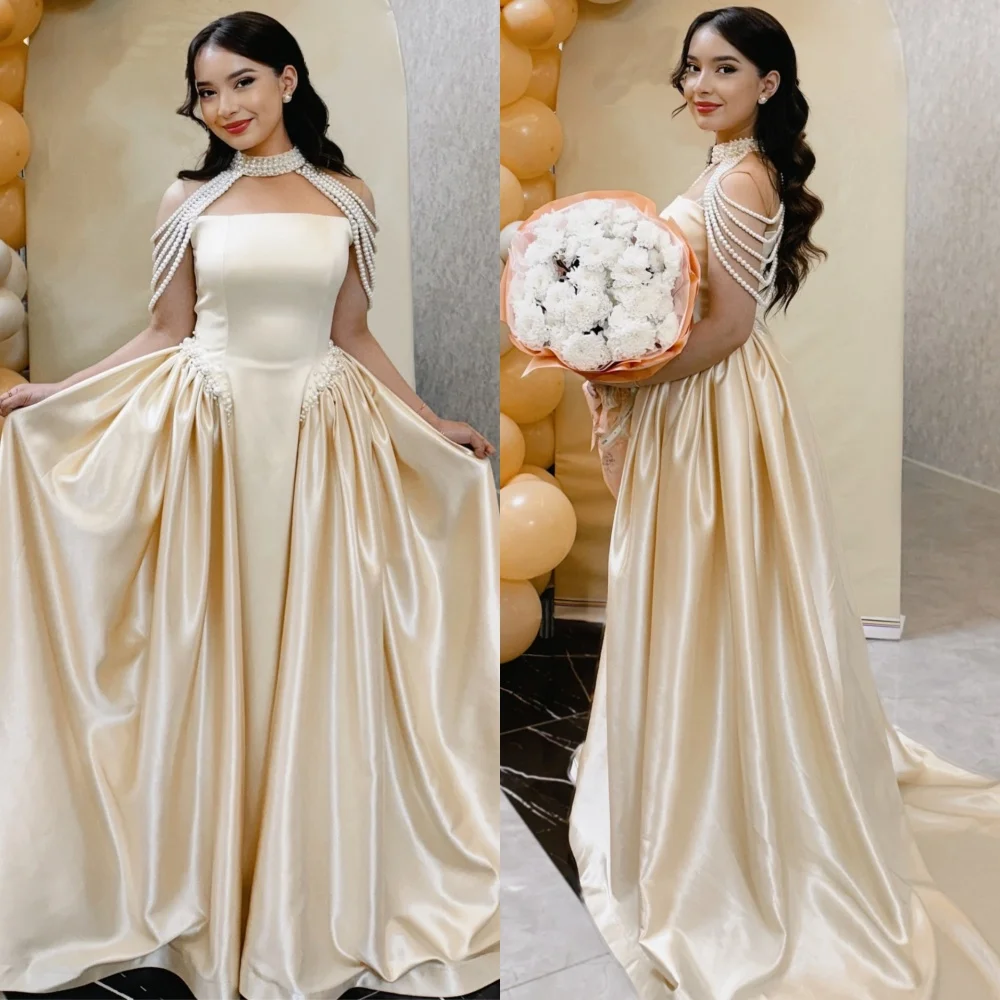 

Customized Fashion Elegant Charmeuse Pearl Pleat A-line Strapless Long Dresses Bespoke Occasion Classic