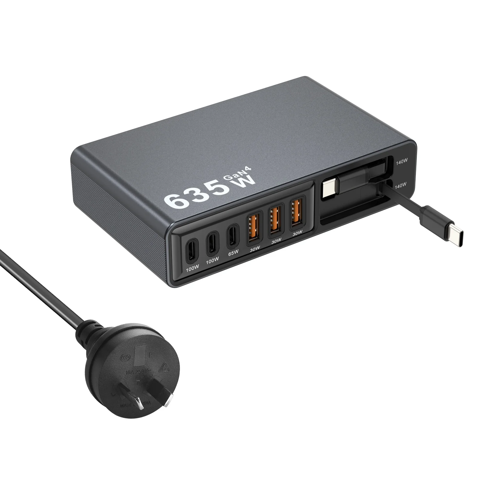 Neue 635W GaN4 Multi-Port-Ladestation Hochleistungs-USB-C-Desktop-Ladegerät mit integrierten Kabeln für Telefone und Gaming-Geräte – Detail 9