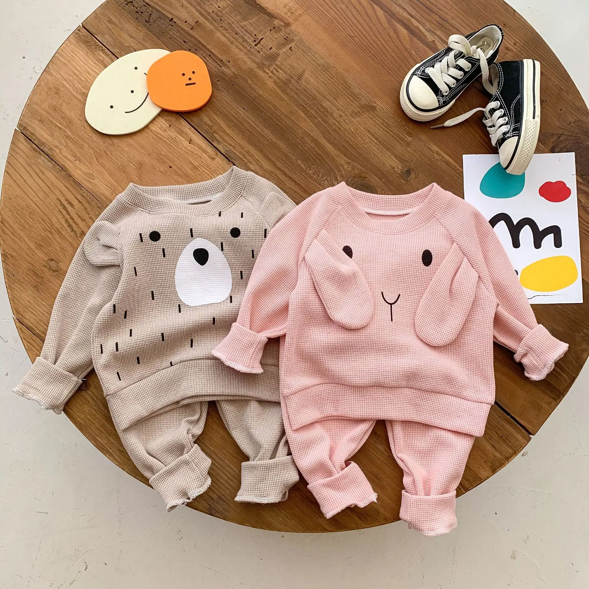 Baby and Toddler Spring and Autumn Sweatshirt New Set Baby Cartoon Casual Waffle Sports Two-piece Set Baby Clothes New Born Kids