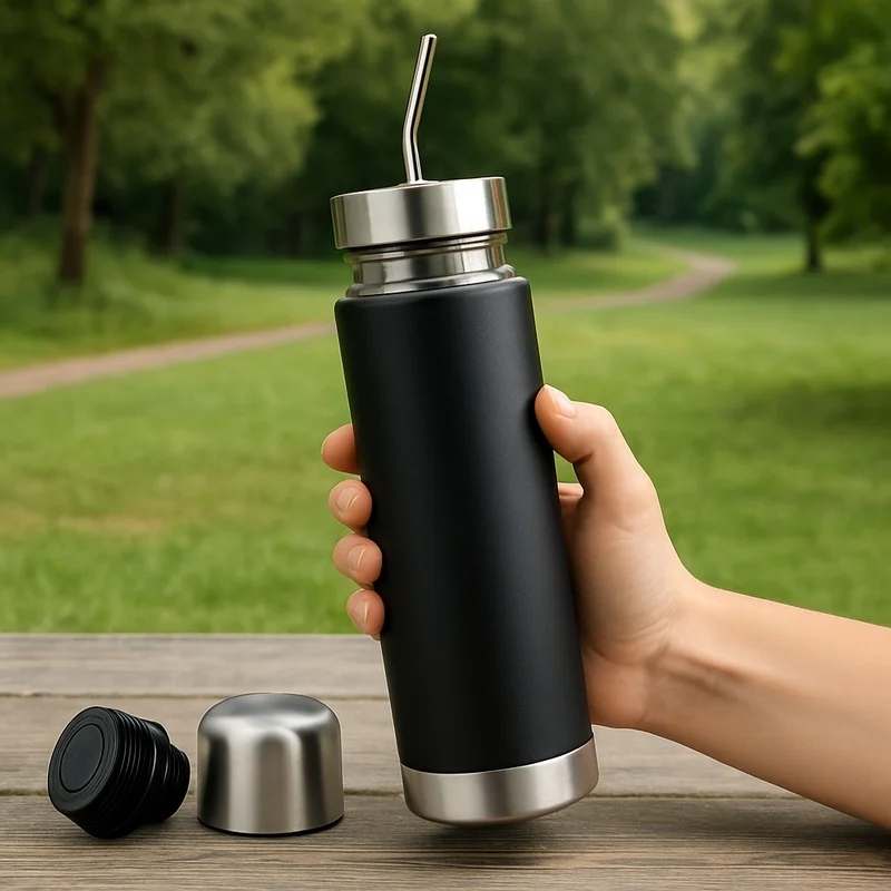 Insulated Stainless Steel Yerba Mate Bottle with Built-in Straw and Thermo Cup for Hot and Cold Drinks