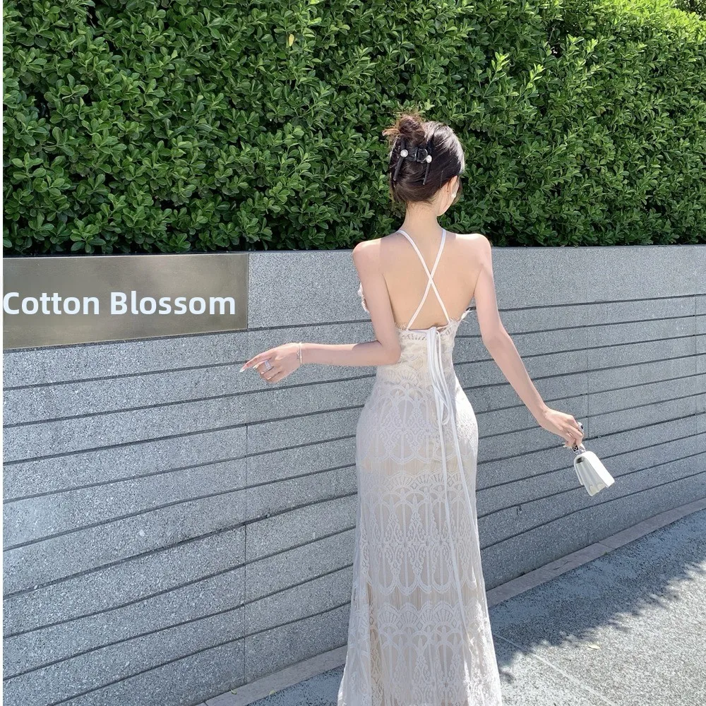 Vestido Retro de Encaje con Espalda Descubierta y Tirantes, Falda de Hada para Vacaciones en la Playa, Estilo Vintage de Vera...