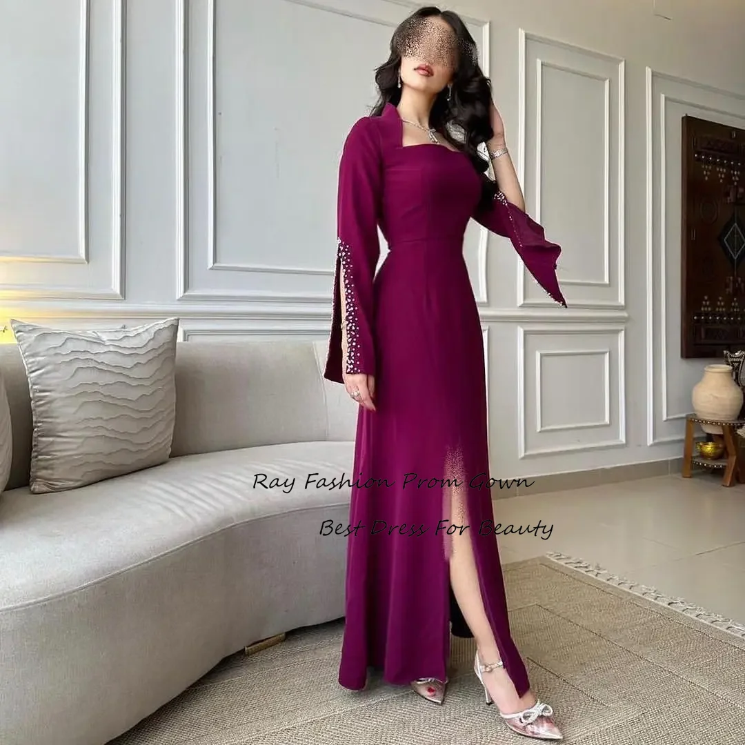 

Ray Fashion A Line Evening Dress Suqare Neck Long Sleeves With Beadings For Women Formal Occasion Party Gown فساتين سهرة