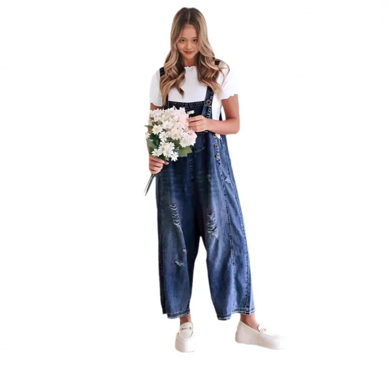 Nuove donne moda allentata tuta casual pantaloni con bretelle jeans tascabili in difficoltà da donna