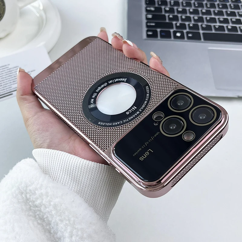 

Heat Dissipation Magnetic Case For iPhone 13 12 14 15 16 Pro Max Electroplated Mesh Magsafe Glass Lens Enlarge logo Phone Cover