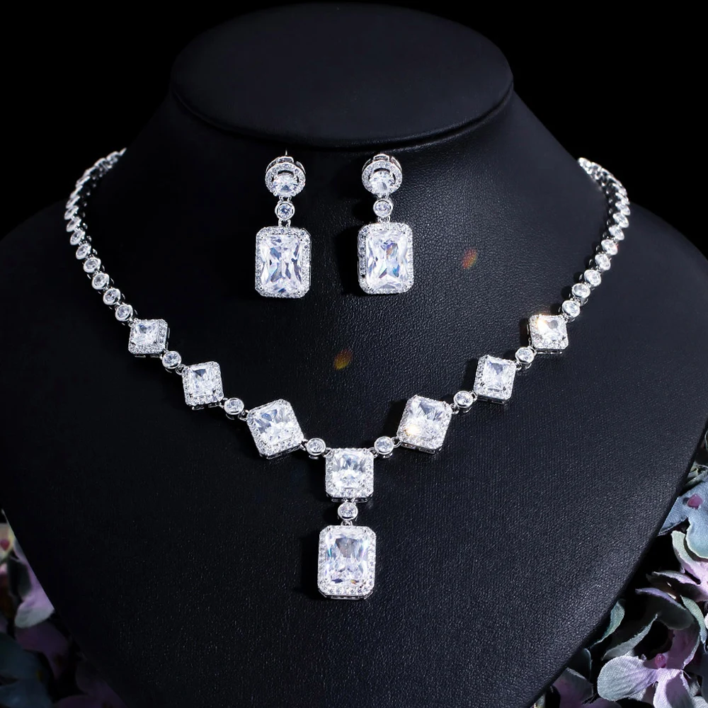 ThreeGraces Elegant Purple Cubic Zirconia Big Square CZ Drop Earrings and Necklace Bridal Wedding Jewelry Set for Women TZ882