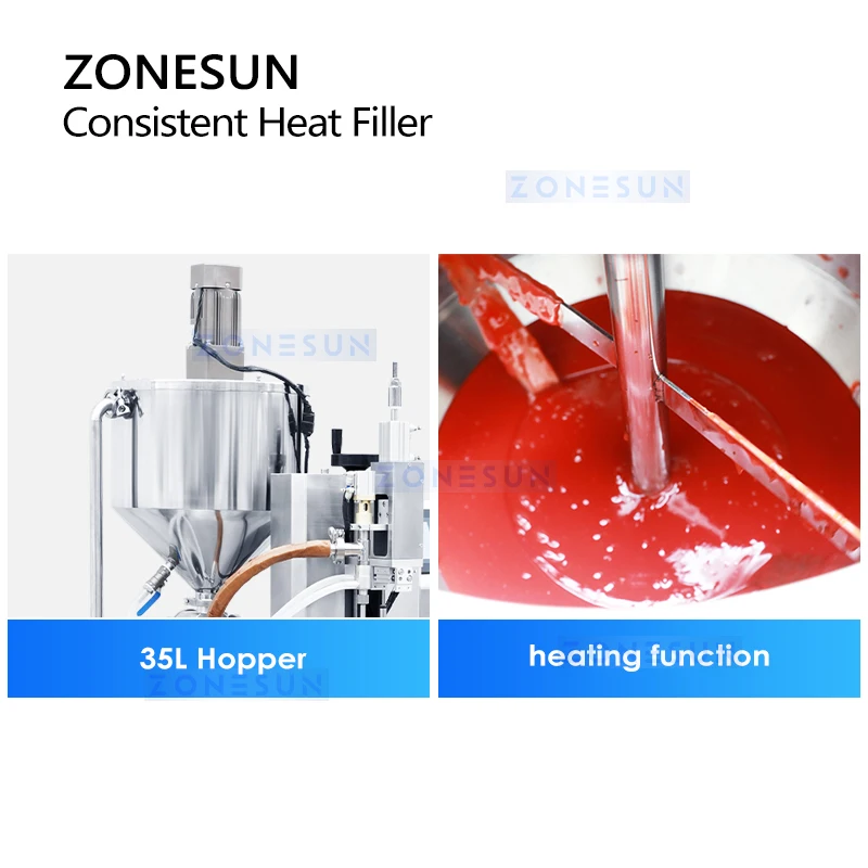 ZONESUN Piston Filler Thick Liquid Filling Machine with Heating Mixing Paste Filler Lotion Detergent Packing Equipment ZS-WCHJ1C