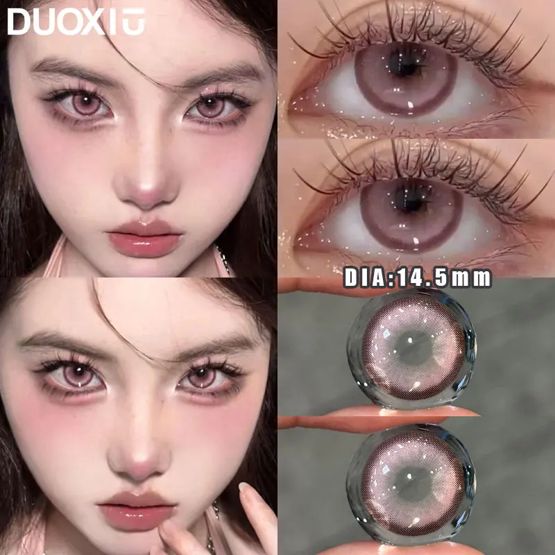 DuoXiu-Lentes de Contato Macias para Estudantes, Rosa, Diâmetro do Olho Roxo, 14,5mm, Lente Cinza, Grau de Miopia, Aluno Bonito, 1 Par