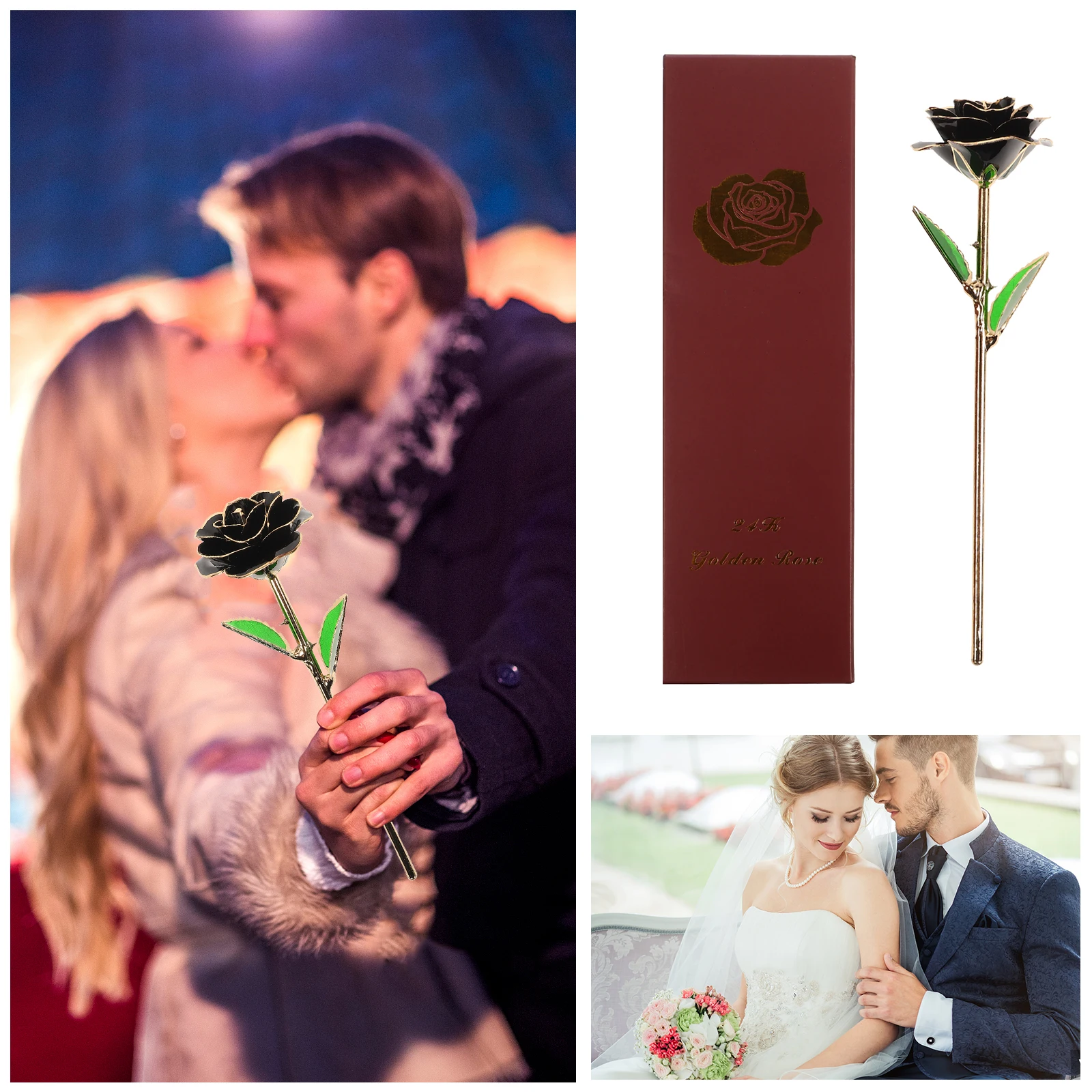 

24K Gold Plated Rose Flower Black Preserved Rose Valentine Anniversary Birthday Gift Eternal Love Souvenir Bag