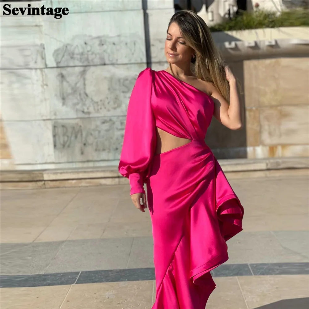 

Sevintage Sexy Fushia Evening Dresses Mermaid One Long Shoulder Ruffles Formal Women Prom Gowns Special Occasion Dresses 2023