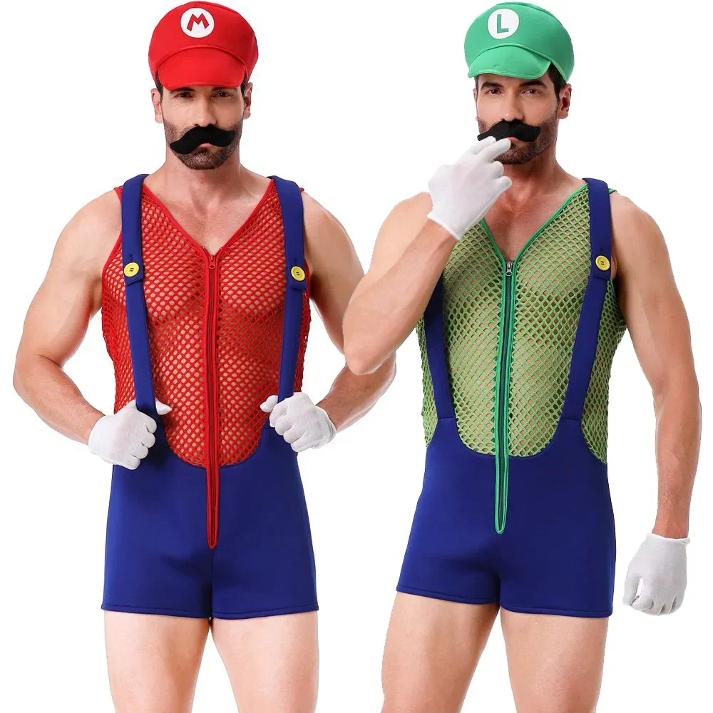 

Adult Games Costumes Men Plumber Costume Halloween Video Games Jumpsuits Super Brothers Plumber Cosplay For Men Bodysuits Adult
