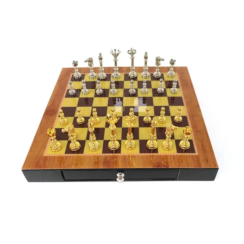 

Hot Sale Modern Luxury Metal Brown Wooden Chess Board International Backgammon Puzzle Game Piece Sets Children MDF Plastic