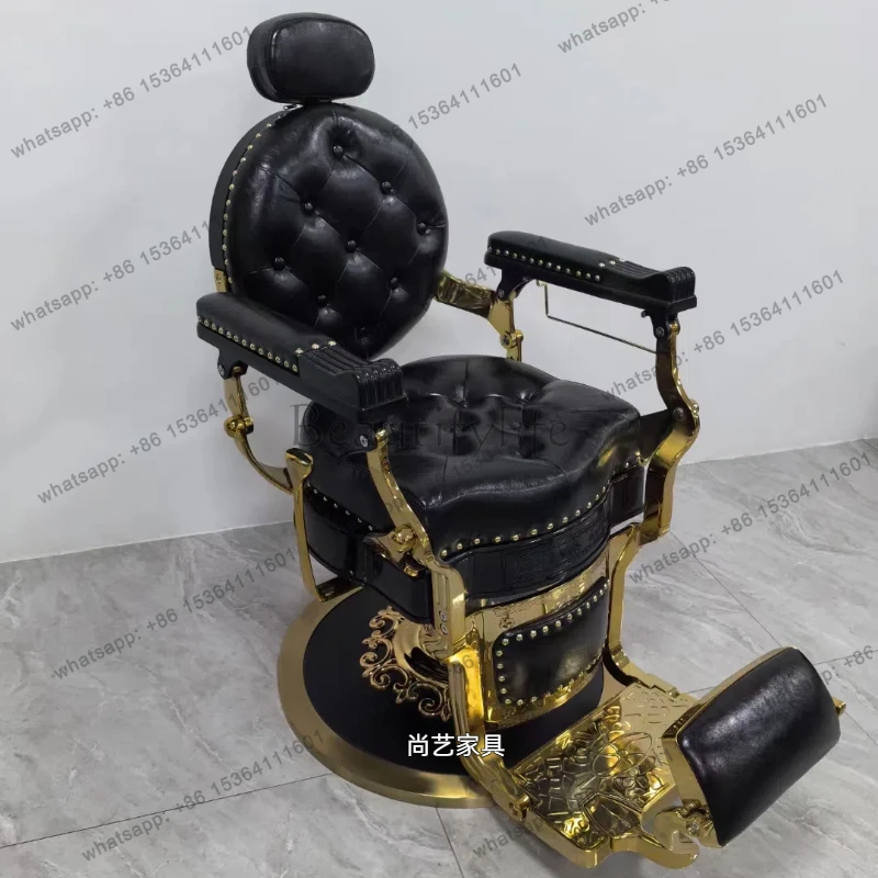 

LXBarber shop hair chair lift down hair salon golden retro oil head overhaul chairSSS