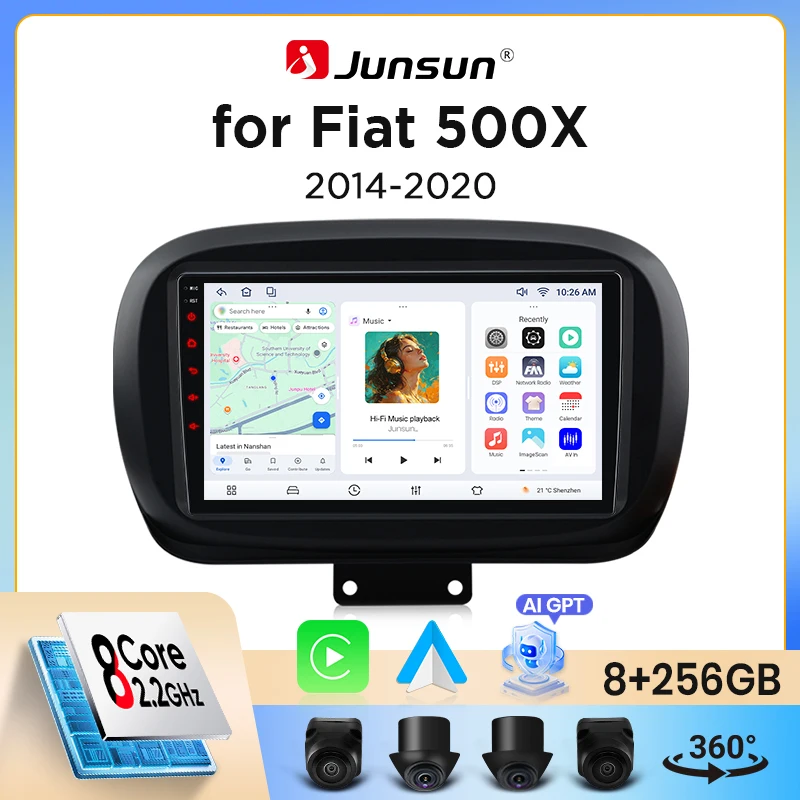 Image of Junsun Wireless CarPlay Android Auto Autoradio für Fiat 500X (334) 2014-2022 mit integriertem Lüfter, Android GPS-Navigation, Multimedia-Player, WiFi, DSP, RDS, BT, SWC, IPS-Touchscreen, Autoradio,