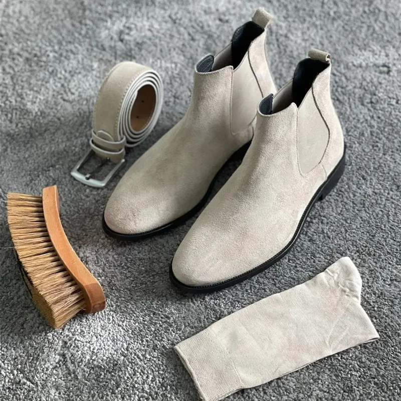 Beżowe Męskie Buty Chelsea Czarne Flock Okrągłe Toe Wsuwane Biznesowe Ręcznie Robione Buty Męskie Botas De Hombre Wino Czerwone Buty Męskie — zdjęcie 3