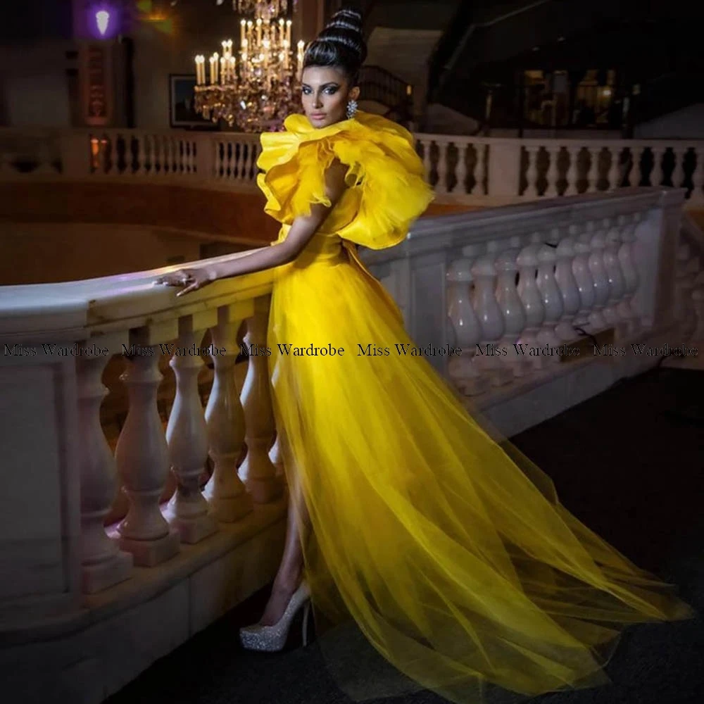 Sexy Tulle Long Prom Gowns Yellow V-neck Puff Party Evening Dresses Tiered Hign Side Split Bow Belt With Crystal Custom Size