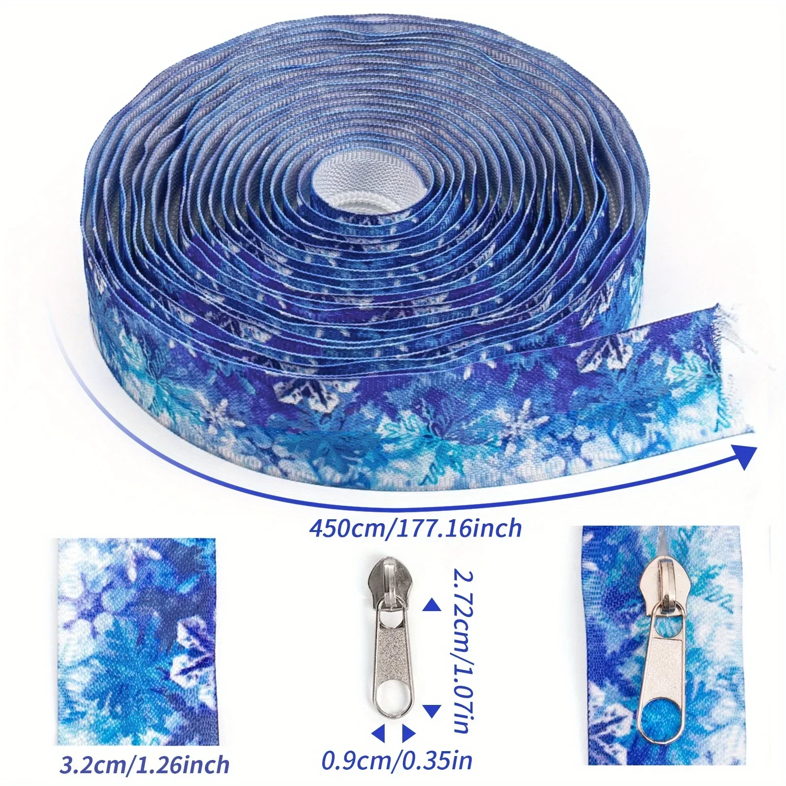Size 5/450cm (177.16inch) zipper + 10 zipper head, 5 #zipper, reverse zipper, ice and snow, snowflake elements