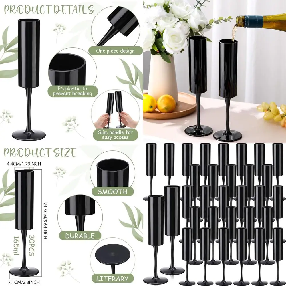 

Набор акриловых флейт для шампанского на 6 унций, 30 стаканов с высоким стеблем, небьющиеся для торжеств и вечеринок (черные)