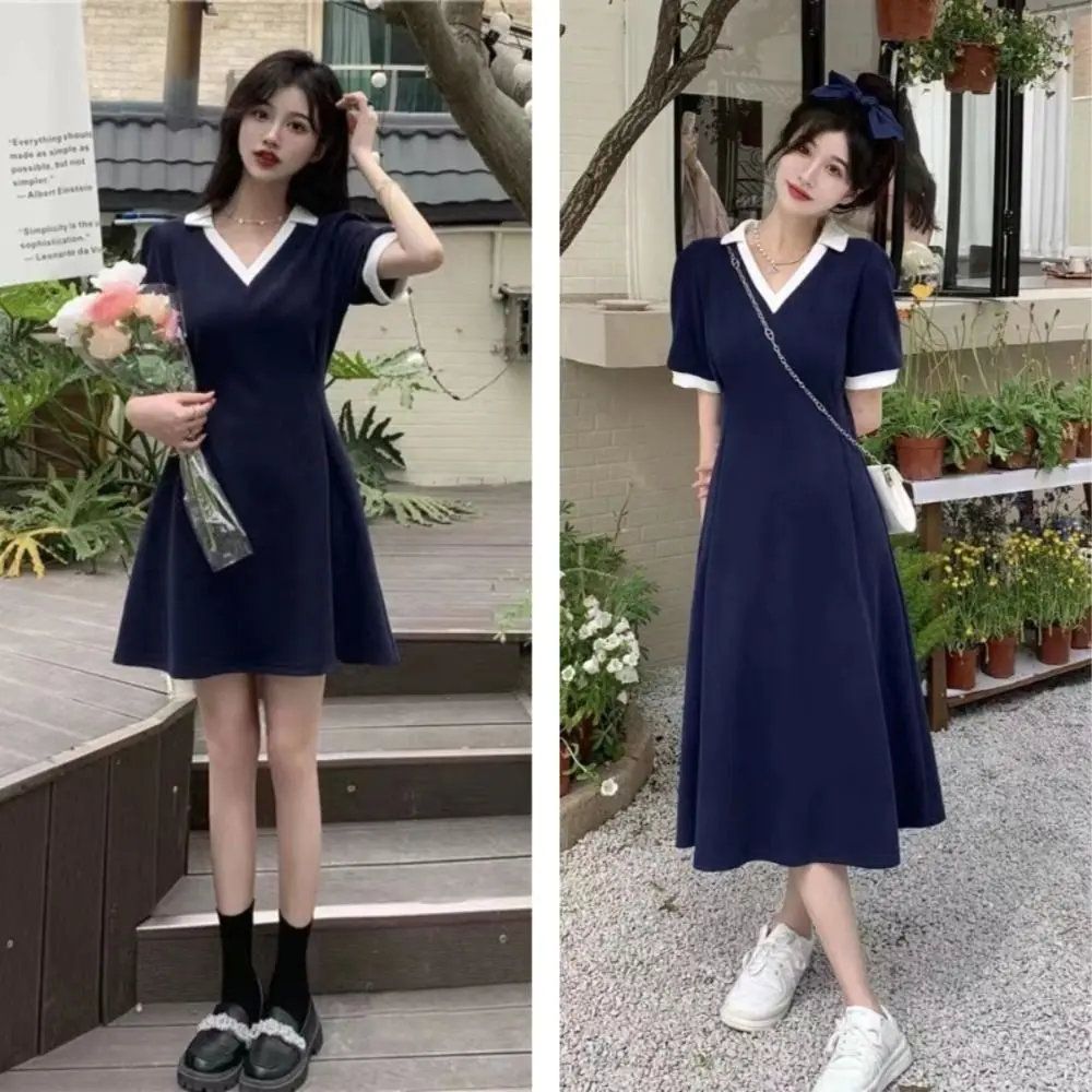 أزياء الأزرق ألف خط فستان قصير سليم صالح المرقعة فستان قصير أنيق الخامس الرقبة بسيط عالية الخصر فستان عطلة