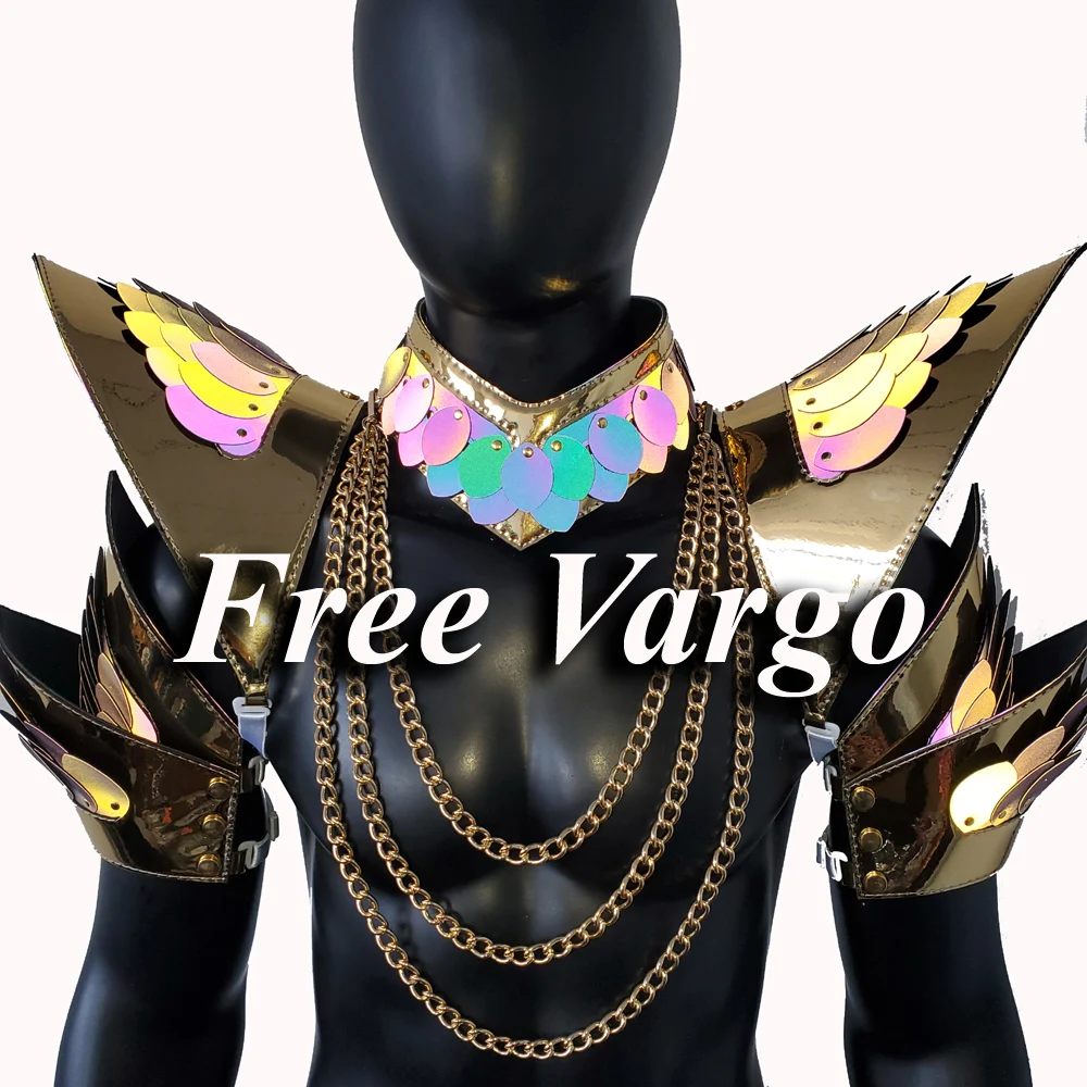 

Burning Man Holographic Rave Gold Edge Reflective Dragon Scale Armor with Chain, Rave EDM Feastival Outfits Costume Wear