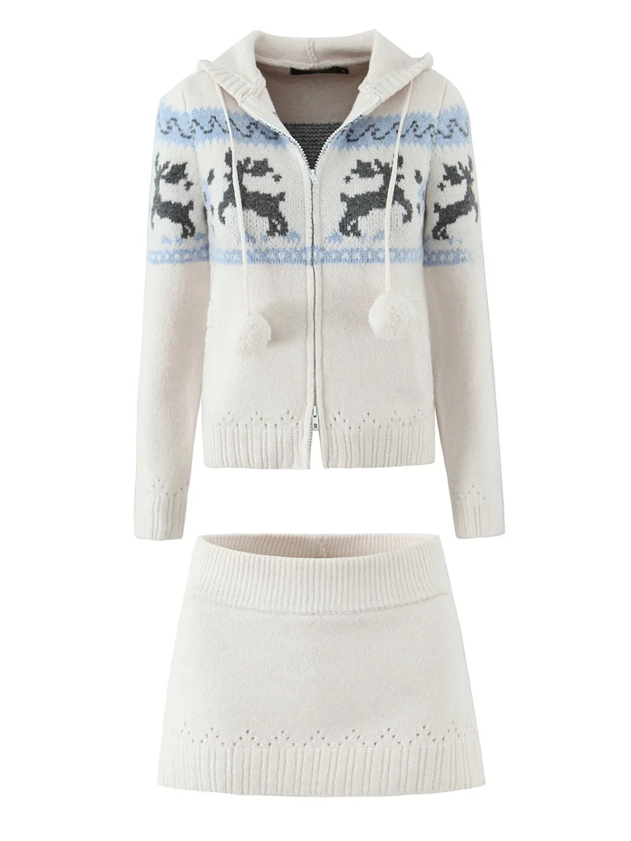 

American Style Vintage Slim Fit Hat Knitted Cardigan Coat Tight Body Sweater Short Skirt Two Piece Set Long Sleeve Zipper