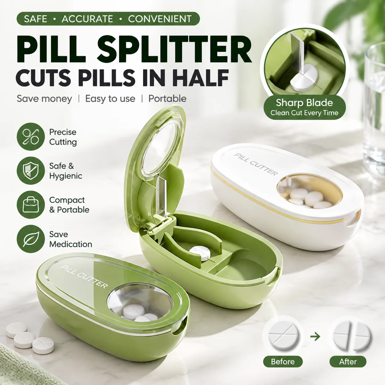 Avocado Pill Cutter 1/2 1/4 Tablet Splitter With Storage Box Portable Mini Medicine Organizer Cute Gift Tool