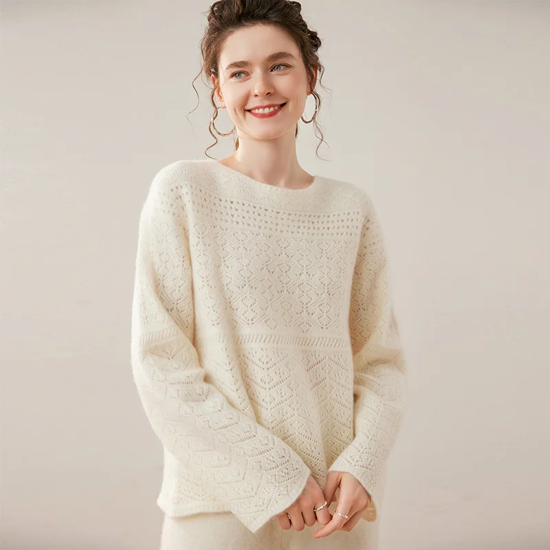 Spring Summer Women Hollow Pullover 100% Cashmere Sweater O-Neck Thick Simple Soft Luxury Grace Style Clothing High Quality