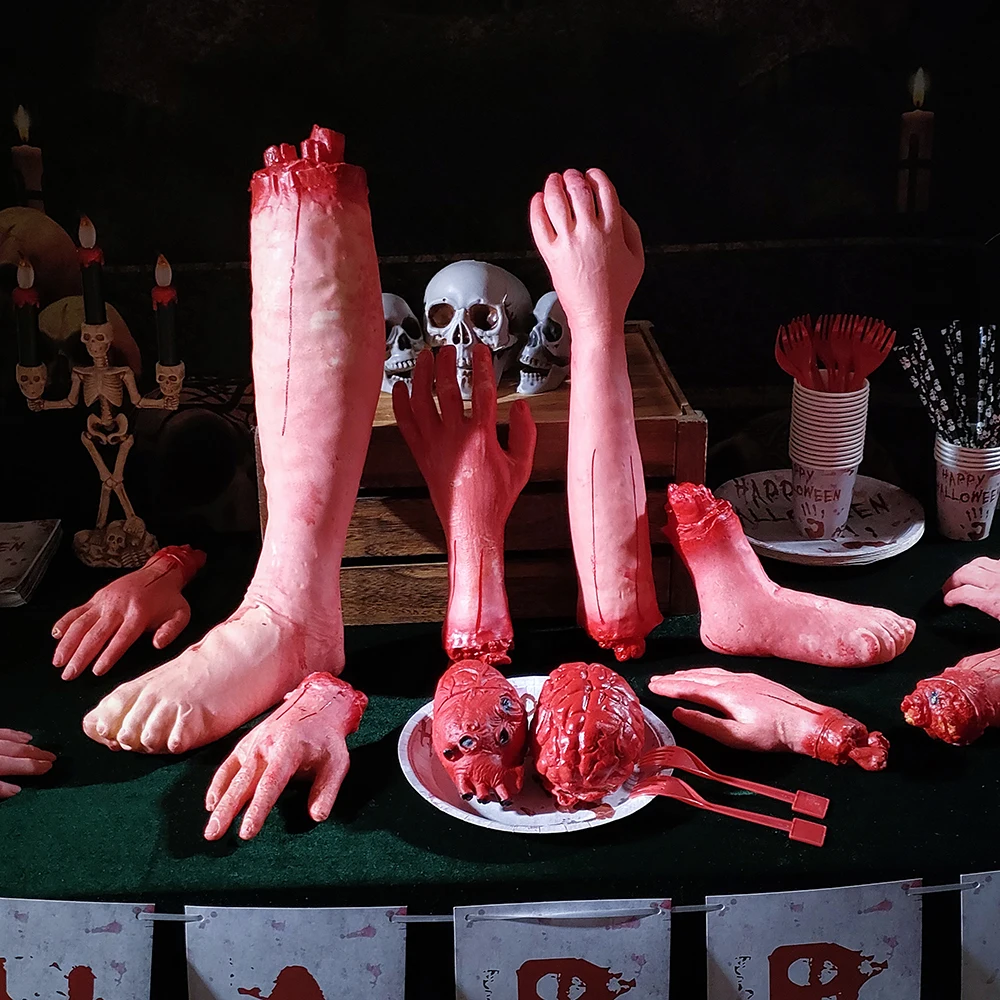 Halloween Horror Props Bloody Hand Haunted House Party Decoration Scary Fake Hand Finger Leg Foot Brain Heart Halloween Supplies