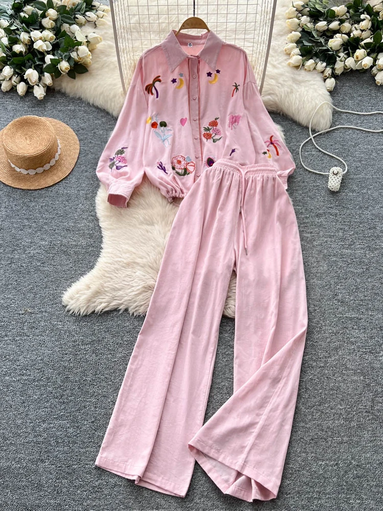 

Комплект в корейском стиле, женские высококачественные костюмы из двух предметов, топы с воротником-поло и вышивкой, широкие брюки, осенние женские комплекты для пожилых людей