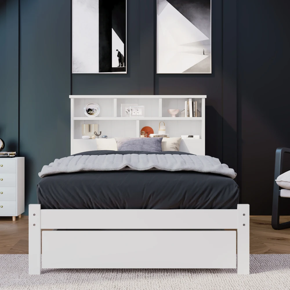 PINGGO Einzelbett aus Massivholz, 90 x 200 cm, weiß, mit Schubladen, Gitter-Bücherregal für Kinder, Jugendliche, Erwachsene, ohne Matratze – Detail 1