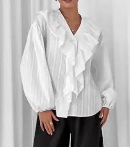 

Jacquard Ruffle Edge Long Sleeved Women's Summer Elegant Lantern Sleeves Slim Fit Straight Tube Single Breasted Shirt Top