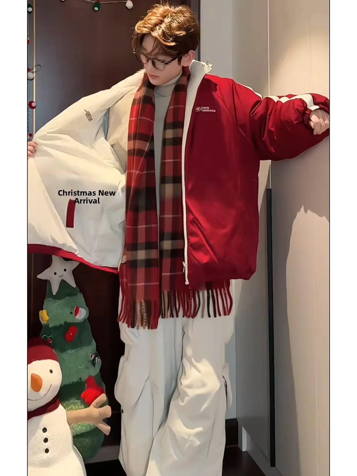 

Red And White Color Blo Double Sided Cotton Jaet Men's Winter New Year's Faion Cleanfit ort Bread Sle Coat