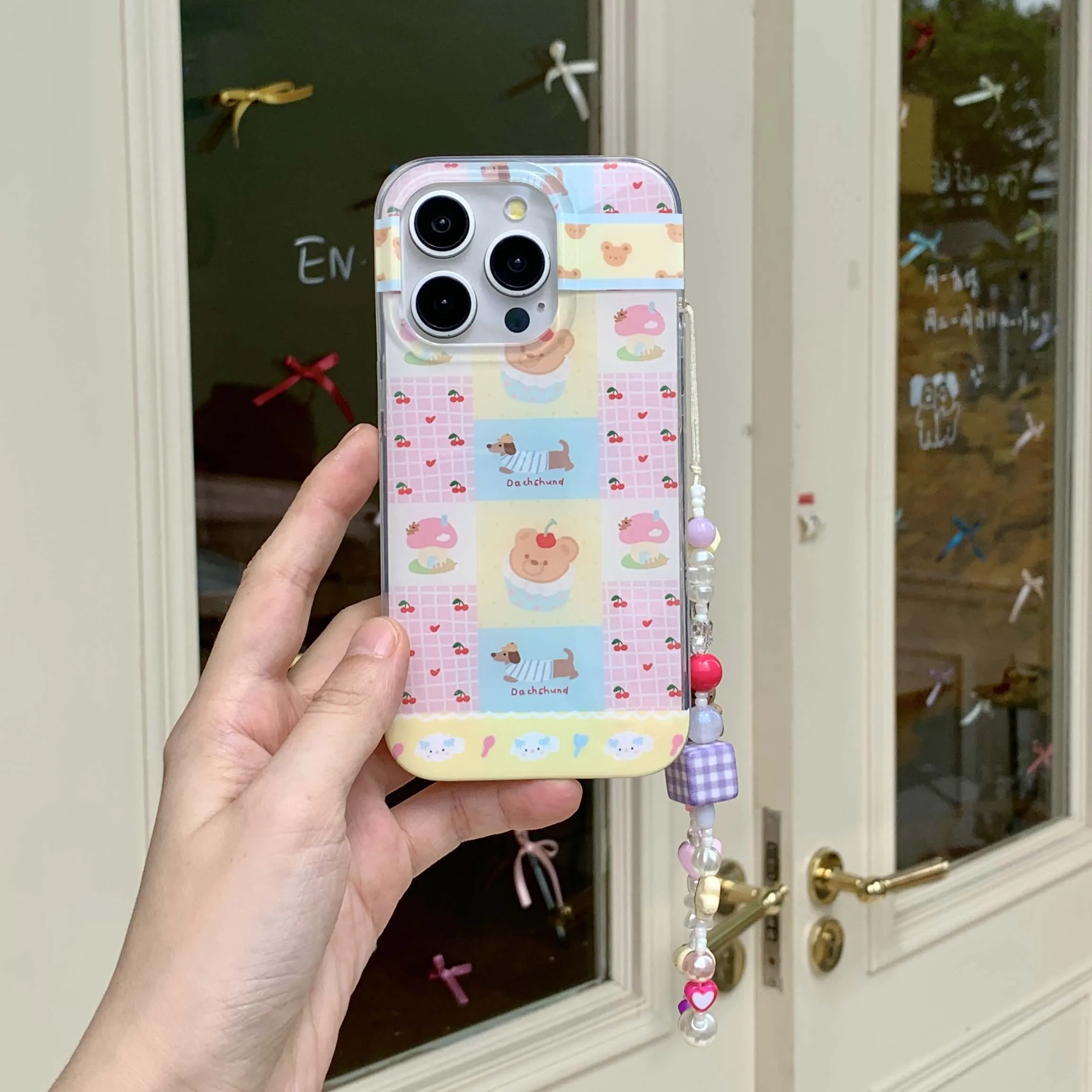 Cute cake bear puppy ins cover for iphone 15promax 11 13 16 15 pro max 12 14 13pro 16pro pink check cherry montage phone case