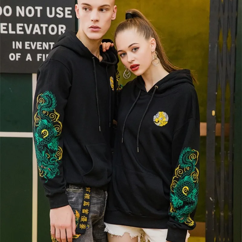 

Chinese Dragon Embroidery Hoodie Men's - Oversized Streetwear Pullover Unisex Couple Sweatshirt Autumn Casual