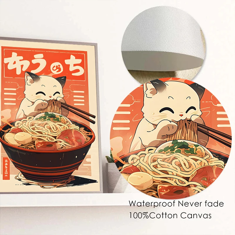 Kawaii Japanese Ramen Animal Cats Posters Canvas Paintings and Prints Noodles Food Wall HD Pictures For Kitchen Room Home Decor