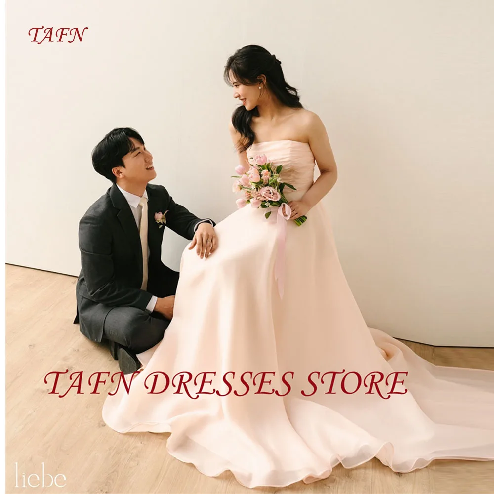 

TAFN Simple Blush Pink Evening Dresses Korea Wedding Photo shoot Strapless Floor length Bride Gowns Corset Back Customized