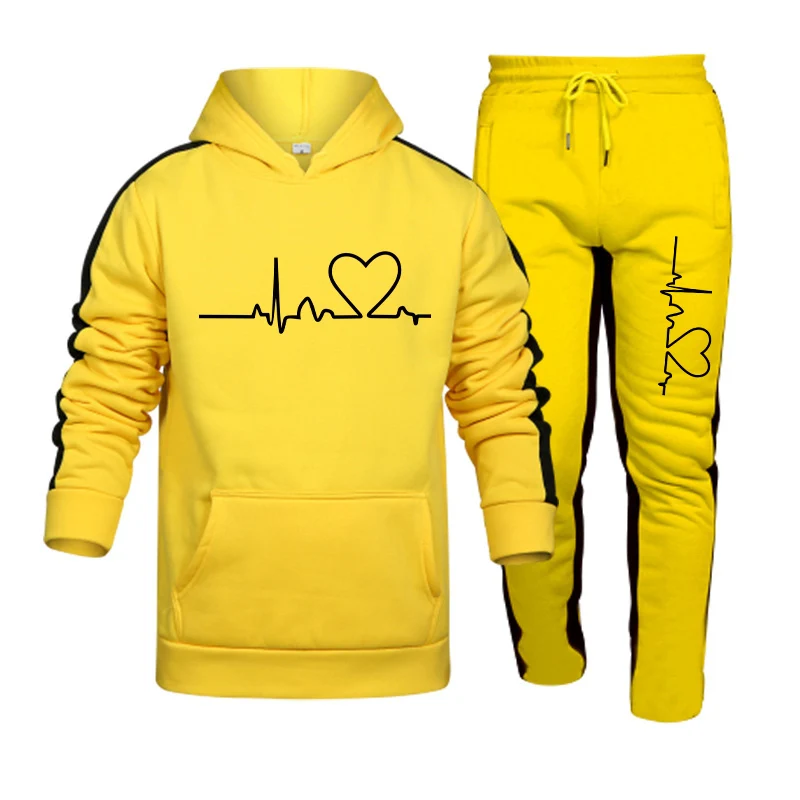 Quality Mens Tracksuit Heart Printing Casual Hooded Sweatshirt 2 Pcs Set Fitness Sports Suit Street Trend Stripe Mens Clothing