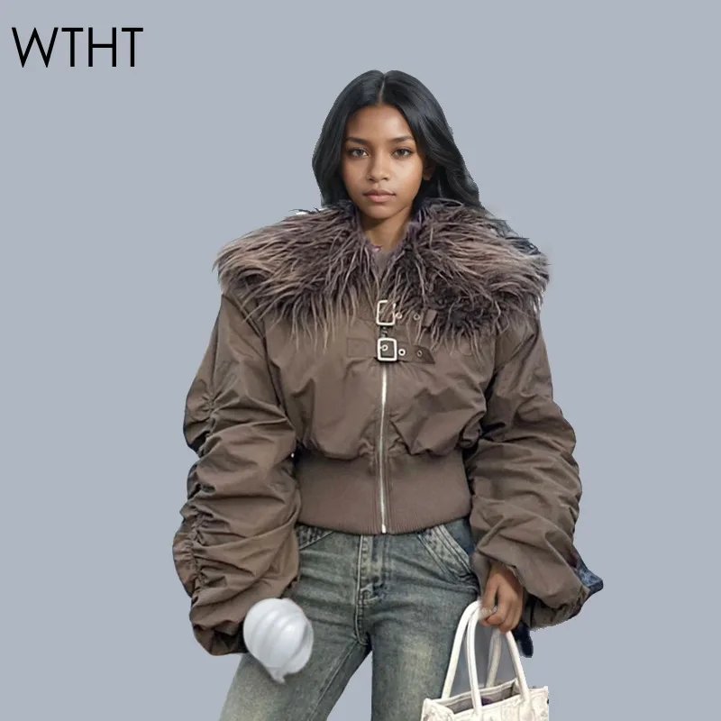 WTHT New Trendy Women\'s Spliced Plush Collar Shirring Design Warm Coat 2024 Autumn Fashion Loose Zipper Jacket Female 1LS169