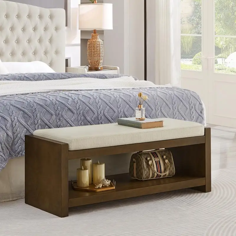 

47" Accent Bench with Shoe Rack, Padded Living Room Seating, Modern Bed End Storage Bench, Removable Cushion, 47"W - Beige
