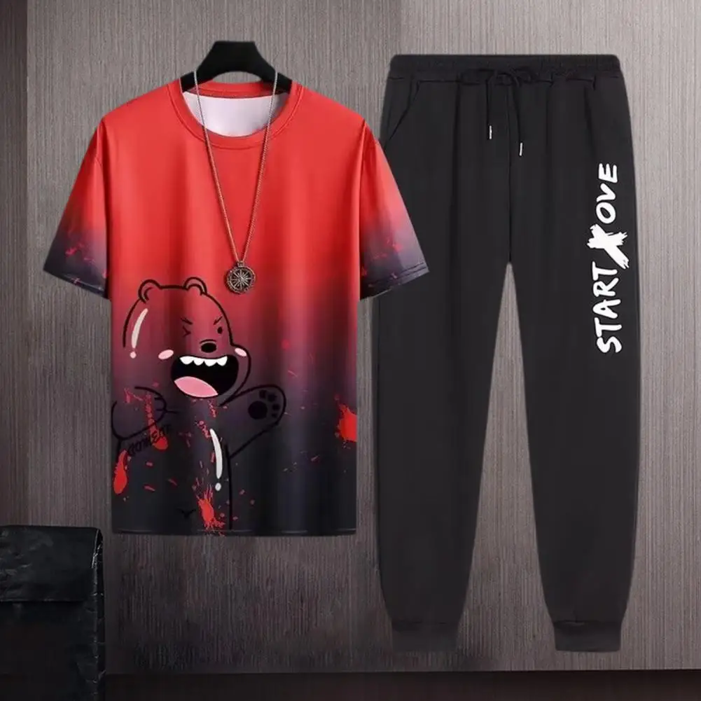 2Pcs/Set Men Summer Thin Sportswear Casual Soft O-neck T-shirt Set Elastic Drawstring Waist Loose Fit Shorts Set Ice Silk Outfit