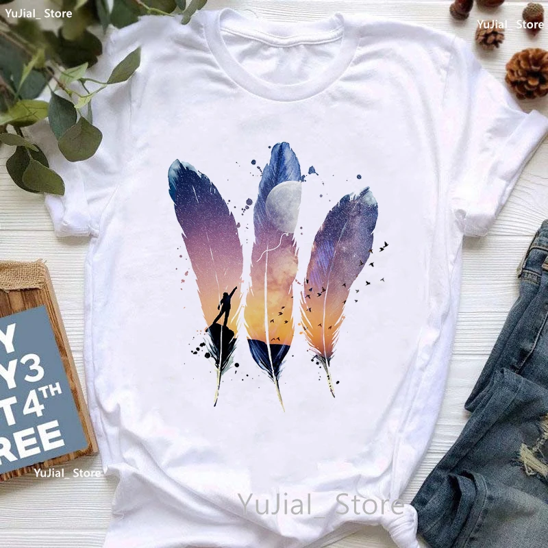 Aquarel Vogel En Feather Print T Shirt Vrouwen Kleding Zomer Mode Tops Tee Shirt Femme Esthetische Art T-shirt Vrouwelijke